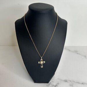 DG-59  AVON Gold-Tone Cross Pendant Necklace With Faux Pearl & Clear Accents On